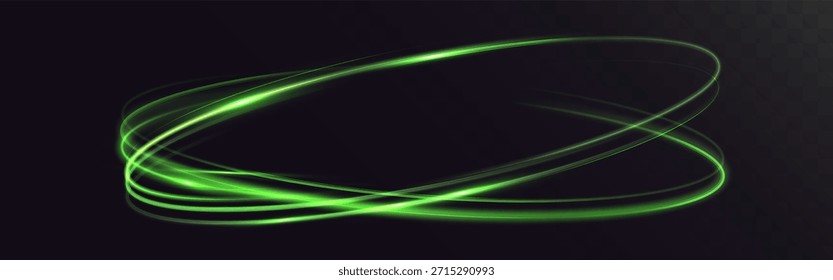 Green glowing light trails forming abstract oval motion rings with smooth neon energy flow on dark transparent background.