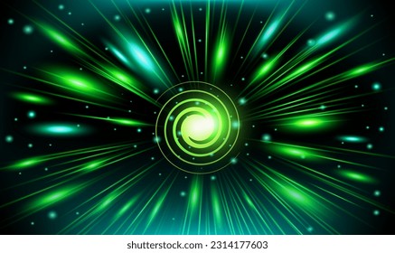 Green glowing lines and strong energy particles in black space. Vector image of space green super energy in manga and anime style.