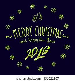 green glowing Merry Christmas and happy New Year 2016 lettering collection. Vector illustration   art