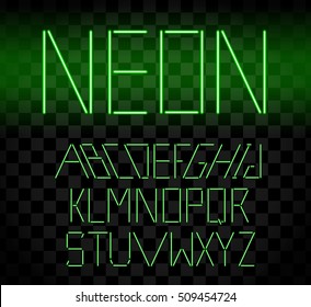 Green glowing neon bar alphabet on transparent background. Glowing font. Vector illustration
