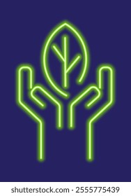 Green glowing neon line leaf of a plant in human hands. Environmental protection concept icon. Seed, seedling, planting sapling. Ecology themed concept illustration.