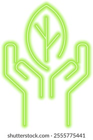 Green glowing neon line leaf of a plant in human hands. Environmental protection concept icon. Seed, seedling, planting sapling. Ecology themed concept illustration.