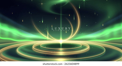 Green glowing northern lights scene on night sky decorated with golden light effects and stars. Luxury style vector illustration background design concept.