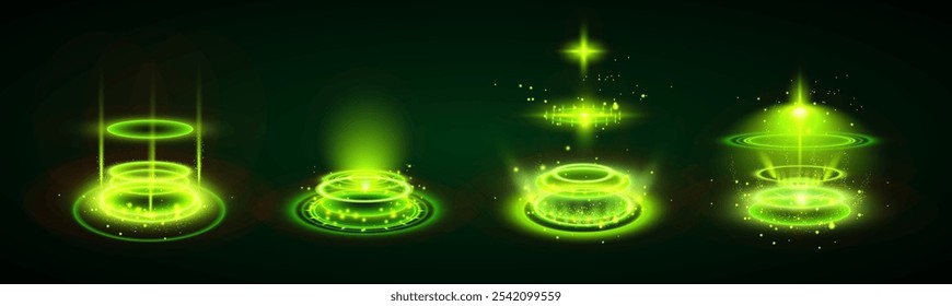 Anel de brilho verde Efeito de jogo Nível acima. Portal futurista de Neon. Círculo de pódio ou teletransporte. Energia de néon brilhante. . Ilustração de vetor.