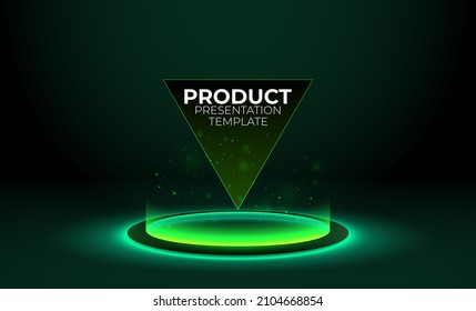 Green glowing ring on floor. Circle podium or teleport. Futuristic product stand template for pc gaming accessories. Abstract hi-tech background for display technology product. Editable vector