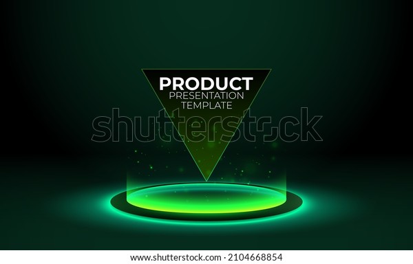 Green glowing ring on floor. Circle podium or\
teleport. Futuristic product stand template for pc gaming\
accessories. Abstract hi-tech background for display technology\
product. Editable vector