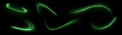 Green Glowing Shiny Lines Effect Vector Background. Luminous White Lines Of Speed. Light Glowing Effect. Light Trail Wave, Fire Path Trace Line And Incandescence Curve Twirl.
