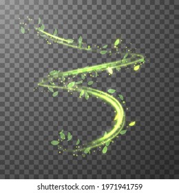 Green glowing shiny lines effect vector background. Abstract light speed motion effect. Shiny wavy trail. Natural effect with glowing leaves for organic concept. Light trail. Vector eps10.
