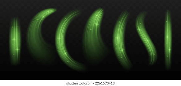 Fondo vectorial de efecto de líneas brillantes verdes. Luminosas líneas blancas de velocidad. Efecto luminoso. Ola ligera de senderos, línea de trazos de senderos de incendios y giro de la curva de incandescencia.