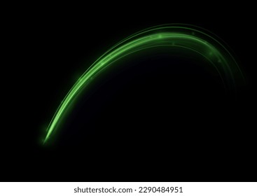 Fondo vectorial de efecto de líneas brillantes verdes. Luminosas líneas blancas de velocidad. Efecto luminoso. Ola ligera de senderos, línea de trazos de senderos de incendios y giro de la curva de incandescencia.