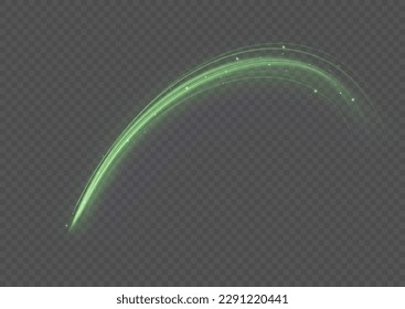 Fondo vectorial de efecto de líneas brillantes verdes. Luminosas líneas blancas de velocidad. Efecto luminoso. Ola ligera de senderos, línea de trazos de senderos de incendios y giro de la curva de incandescencia.