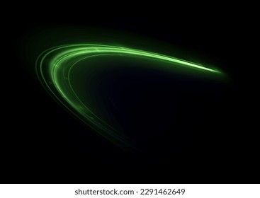 Green glowing shiny lines effect vector background. Luminous white lines of speed. Light glowing effect. Light trail wave, fire path trace line and incandescence curve twirl.