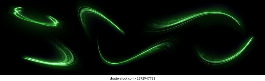 Green glowing shiny lines effect vector background. Luminous white lines of speed. Light glowing effect. Light trail wave, fire path trace line and incandescence curve twirl. Vektor Stok