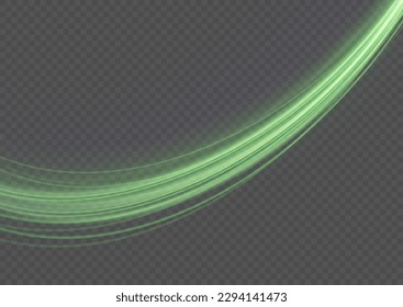 Fondo vectorial de efecto de líneas brillantes verdes. Luminosas líneas blancas de velocidad. Efecto luminoso. Ola ligera de senderos, línea de trazos de senderos de incendios y giro de la curva de incandescencia.