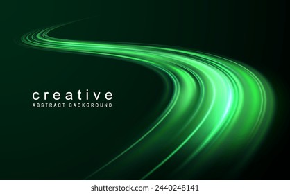 Green glowing shiny lines effect vector background. Luminous white lines of speed. Light glowing effect. Light trail wave, fire path trace line and incandescence curve twirl.