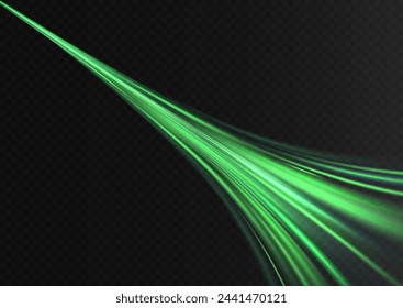 Fondo del vector del efecto de líneas brillantes verdes. Líneas blancas luminosas de velocidad. Efecto de luz brillante. Onda de sendero ligero, línea de traza de sendero de fuego y curva de incandescencia.