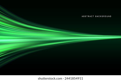 Fondo del vector del efecto de líneas brillantes verdes. Líneas blancas luminosas de velocidad. Efecto de luz brillante. Onda de sendero ligero, línea de traza de sendero de fuego y curva de incandescencia.