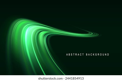 Fondo del vector del efecto de líneas brillantes verdes. Líneas blancas luminosas de velocidad. Efecto de luz brillante. Onda de sendero ligero, línea de traza de sendero de fuego y curva de incandescencia.