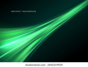 Fondo del vector del efecto de líneas brillantes verdes. Líneas blancas luminosas de velocidad. Efecto de luz brillante. Onda de sendero ligero, línea de traza de sendero de fuego y curva de incandescencia.