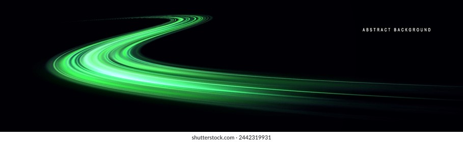 Green glowing shiny lines effect vector background. Luminous white lines of speed. Light glowing effect. Light trail wave, fire path trace line and incandescence curve twirl.