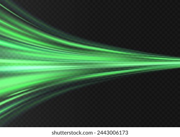 Green glowing shiny lines effect vector background. Luminous white lines of speed. Light glowing effect. Light trail wave, fire path trace line and incandescence curve twirl.