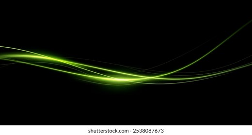 
Green glowing shiny lines effect vector background. Glowing white speed lines. Light glowing effect. Wave of light trace and swirl of incandescent curve.