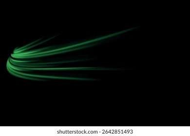 Green glowing shiny lines effect vector background. Luminous white lines of speed. Light glowing effect. Light trail wave, fire path trace line and incandescence curve twirl.
