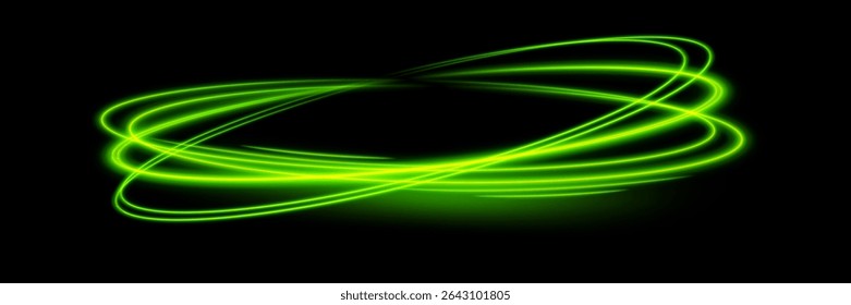 Fundo de vetor de efeito de linhas brilhantes brilhantes verdes. Linhas brancas luminosas de velocidade. Efeito de brilho claro. Onda de rastro leve, linha de rastro de fogo e giro curva de incandescência.