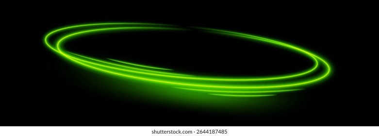 Green glowing shiny lines effect vector background. Luminous white lines of speed. Light glowing effect. Light trail wave, fire path trace line and incandescence curve twirl.