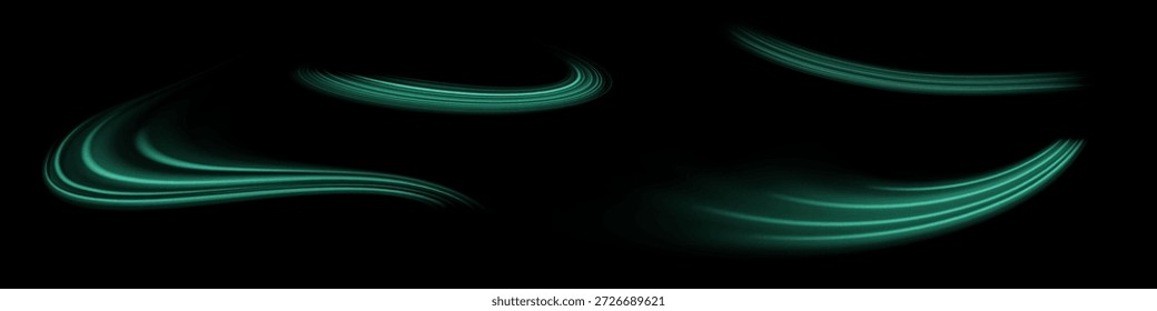 Green glowing shiny lines effect vector background. Luminous white lines of speed. Light glowing effect. Light trail wave, fire path trace line and incandescence curve twirl.