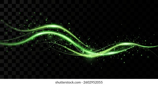 Green glowing shiny wind lines on vector background. Glowing green speed lines.
