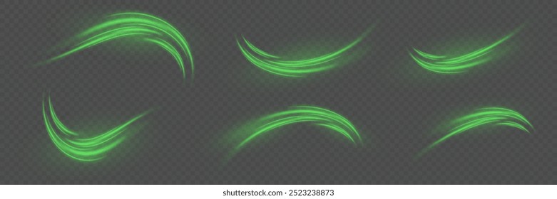 Green glowing speed lines. Light wave effect.Neon realistic energy speed.On a transparent background.