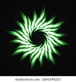 Green glowing spiral vortex lines. Fire swirling tails, dynamic sparkling circles. Flash flies in a circle in a luminous ring. 