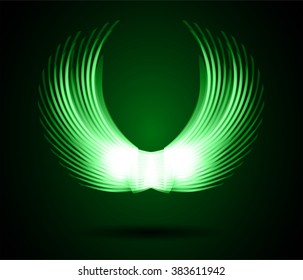 green glowing, stylized angel wings on a black background. vector