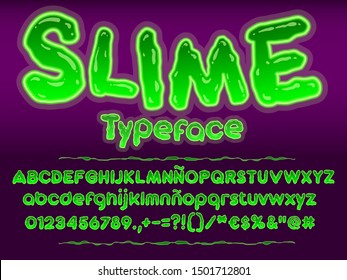 Green glowing toxic slime font. Halloween letters illustration. Vector alphabet with numbers and glyphs.