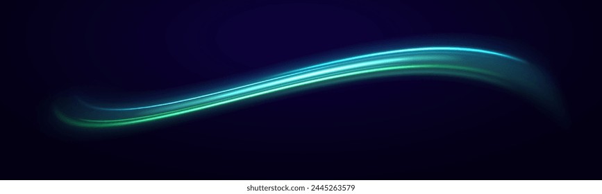 Green glowing wave swirl, impulse cable lines. Light glowing effect. Shine dynamic scene. Neon flare. Colorful rays. Image of speed motion on the road.
