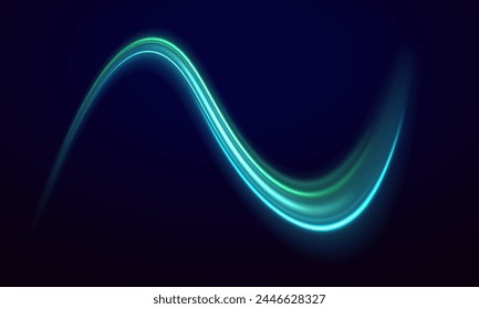 Green glowing wave swirl, impulse cable lines. Light glowing effect. Shine dynamic scene. Neon flare. Colorful rays. Image of speed motion on the road.	
