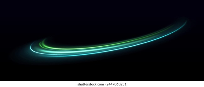 Green glowing wave swirl, impulse cable lines. Light glowing effect. Shine dynamic scene. Neon flare. Colorful rays. Image of speed motion on the road.
