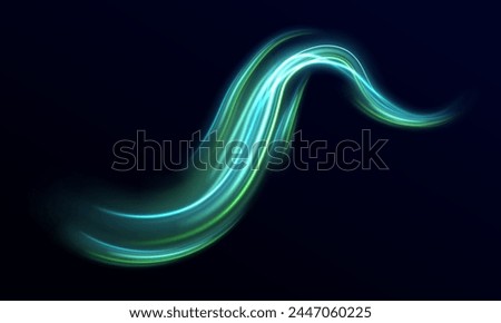 Green glowing wave swirl, impulse cable lines. Light glowing effect. Shine dynamic scene. Neon flare. Colorful rays. Image of speed motion on the road.	
