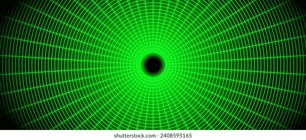 Green glowing wireframe tunnel. Neon wormhole in dark space. Grid tunnel in perspective. Funnel or portal illusion. Circular mesh structure tube. Vector optical illusion art