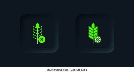 Green Gluten free grain icon isolated on black background. No wheat sign. Food intolerance symbols. Black square button. Vector