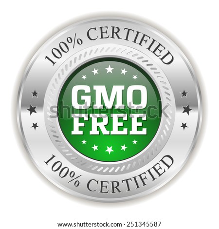 Green gmo free badge with silver border on white background
