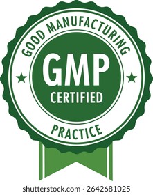Green GMP certified badge vector. This graphic represents good manufacturing practice, quality assurance, and industry standards. Ideal for pharmaceutical, food, or medical product labeling.