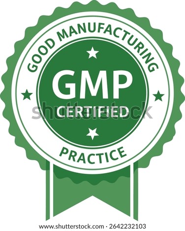 A green GMP certified badge vector. Ideal for representing Good Manufacturing Practice compliance, quality assurance, and pharmaceutical industry standards. Perfect for product labels and logos.