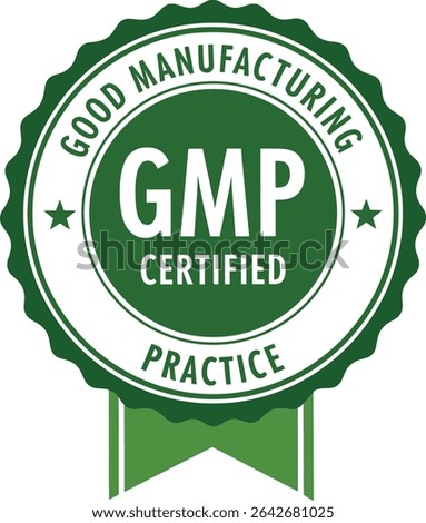 Green GMP certified badge vector. This graphic represents good manufacturing practice, quality assurance, and industry standards. Ideal for pharmaceutical, food, or medical product labeling.