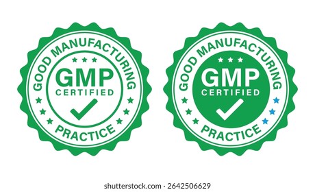 green GMP certified badges with checkmark and good manufacturing practice text in round seal design	
