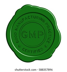 Green GMP (Good manufacturing practice) round wax seal on white background