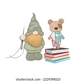 green gnome with tailoring needle and bear toy 