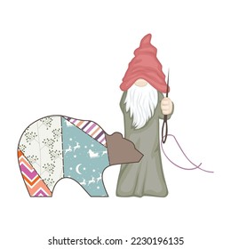 green gnome with tailoring needle and bear toy 