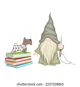 green gnome with tailoring needle and puppy toy 